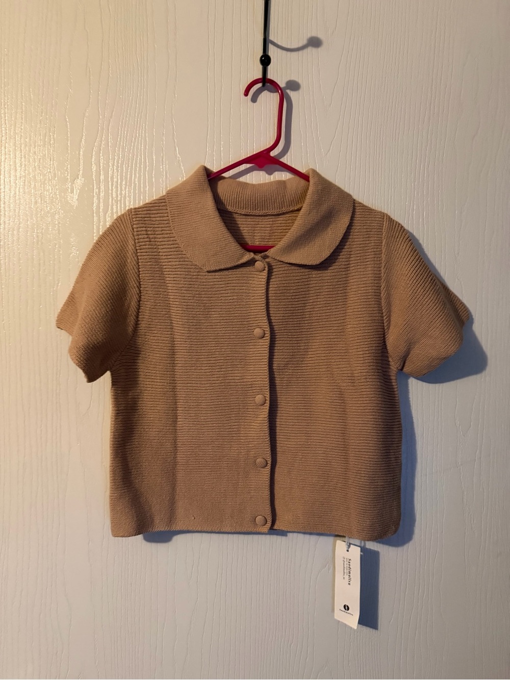 Saodimallsu Women’s Short-Sleeve Knit Cardigan in Tan Size Medium